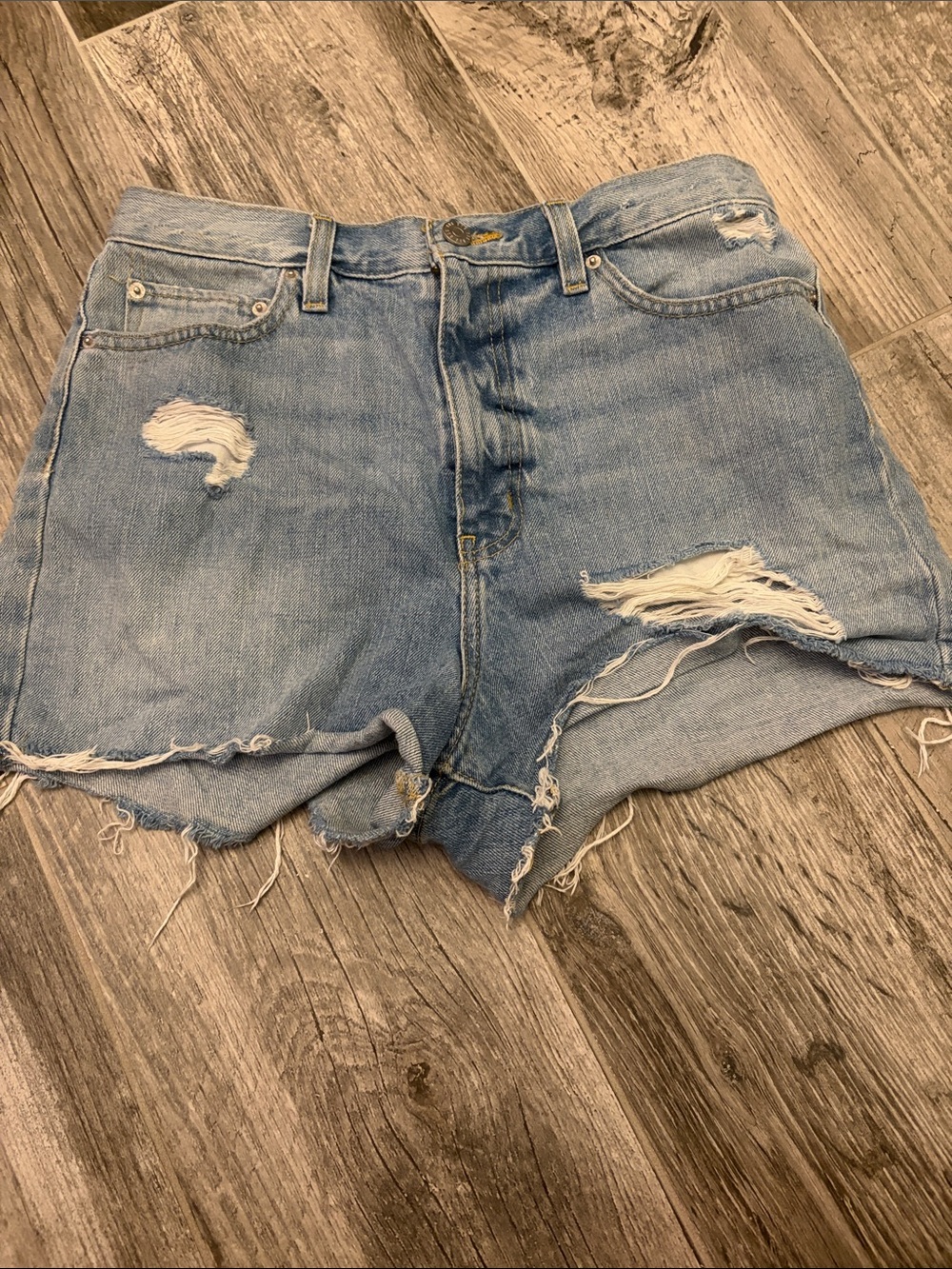 BDG Light Blue Distressed High-Rise Denim Shorts